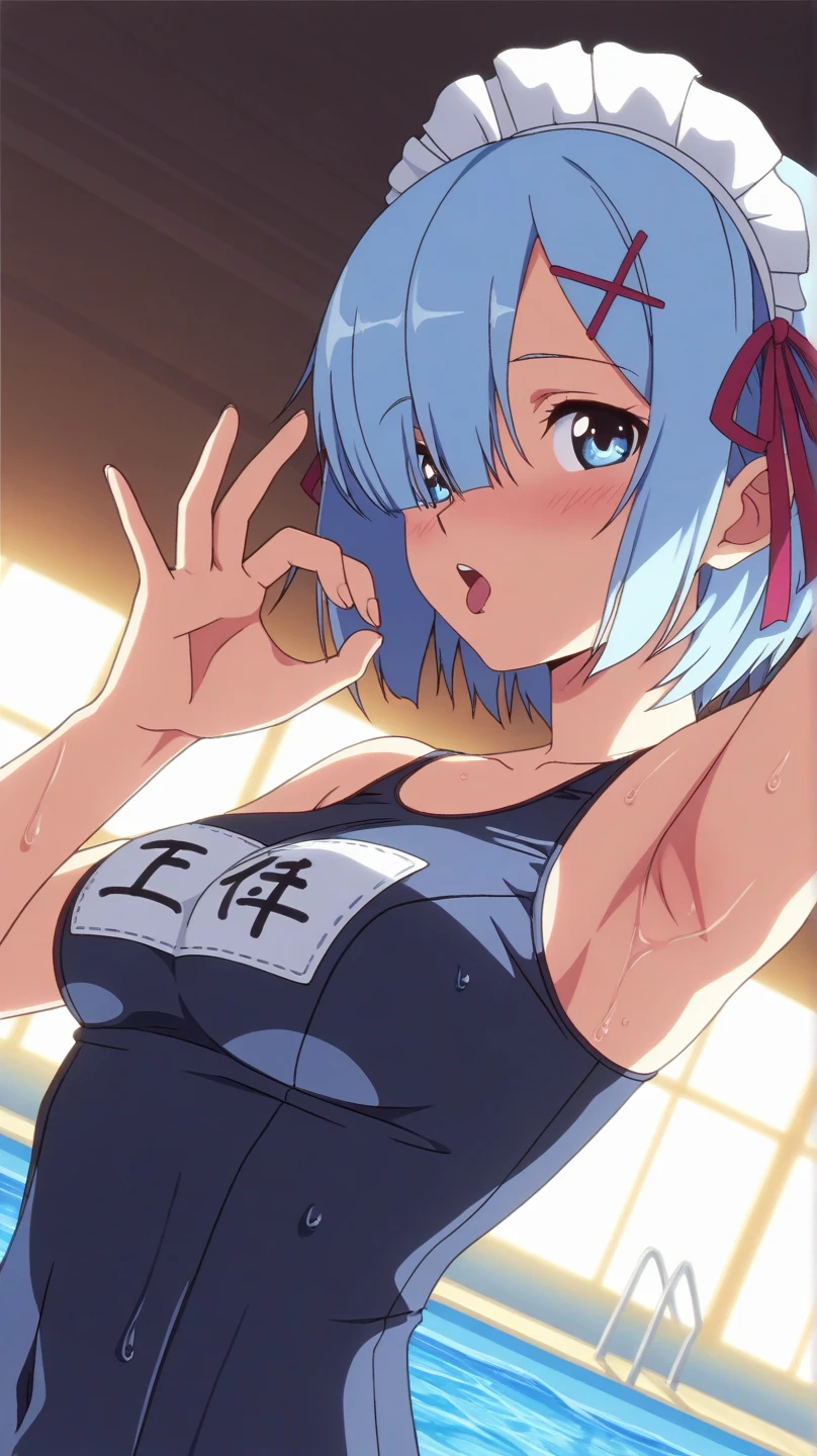 NSFW,masterpiece,Highest quality,High resolution,Super detailed,Star Town Suisei\(Hololive\),Blue Hair,One Side Ponytail,Blue Eyes,Small breasts,Track and field club,Descente Bra Top,Descente One Point Shorts,Streaks,School,locker room,bench,Embarrassed,blush,(In heat),Expecting face,((Ecstasy face)),(Masturbation),(Squirting)