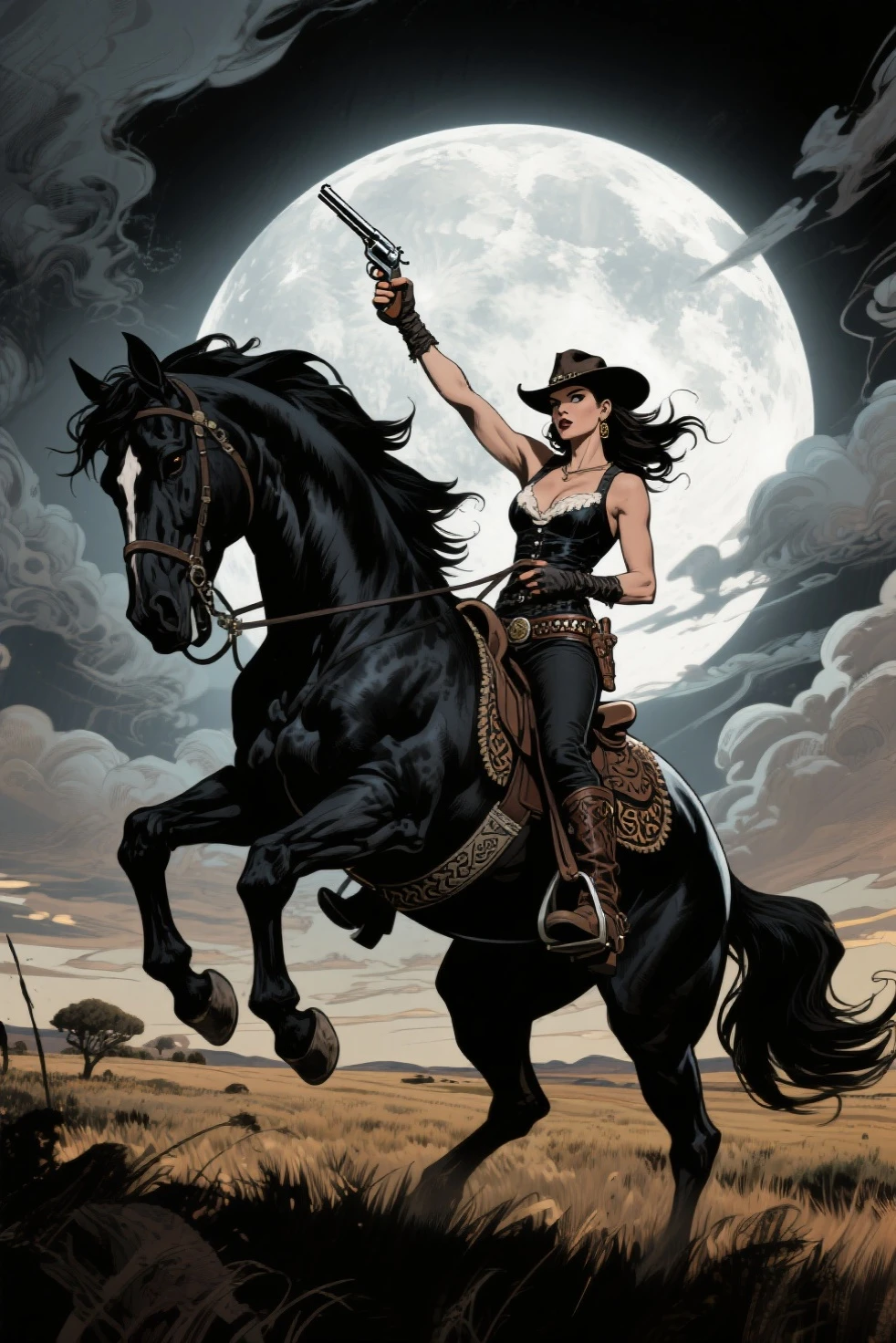 sexy woman riding a horse, holding a wooden stick, five wooden posts stuck in the ground, the moon (Bill Sienkiewicz inspired art, intricate details, oil painting)
