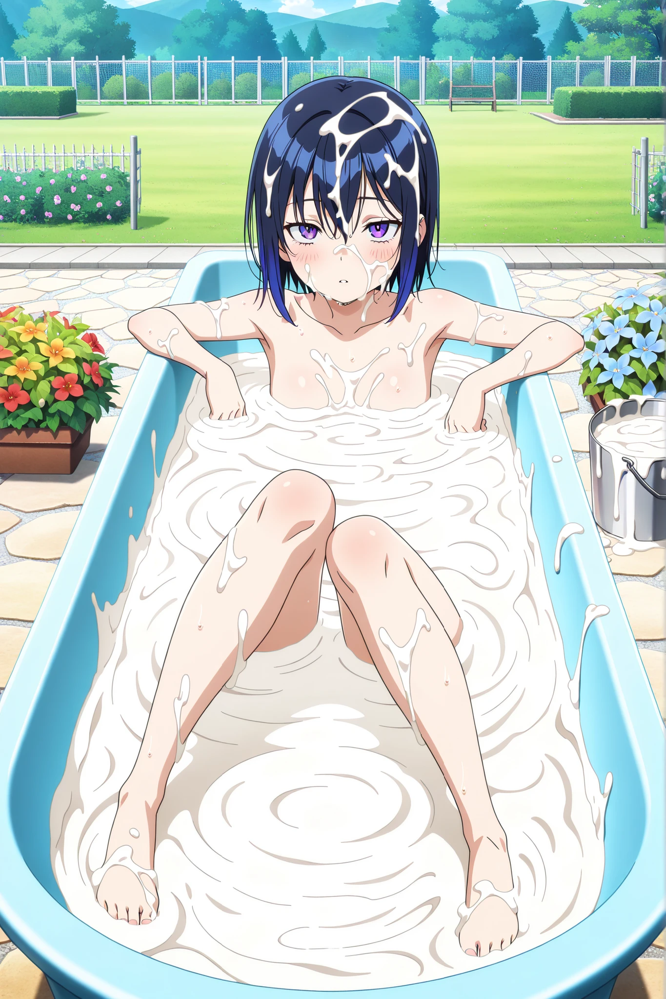 (Perfect body),Best Quality,(8K Portrait),(Official art)、((Lori))、embarrassed from、(((:D)))、(Eyes closed)、(((blush))),(Sweat),((((Small udder))))、((Big ass))、(deep purple hair),((Long straight hair))、((blunt_Bangs)), (Black eyes),Brown hair,(((thick thighs)))、(((fullnude)))、Raising arms、Armpits、Bathing、((I'm in a white tub))、(浴室)、(((((foam)))))、(((lying on one's side)))、(((front-facing view)))
