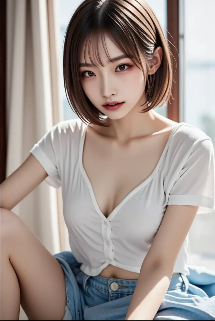 ((Highest quality, 8k, masterpiece :1.3)), (Sharp focus :1.2, Beautiful woman with perfect figure :1.4, Slim Abs :1.2), (looking at camera), (cute Breasts, Emphasize cleavage:1.1), (Photorealistic:1.4), (realistic:1.4), (Short Bob Hair, Light brown hair:1.5), (wearing small earrings, necklace),Highly detailed beautiful face and skin texture, Fine grain, (very cute face , double eyelid, detailed big eyes), natural makeup, A little bit of lipstick, sex appeal, ((A beautiful woman in shirts and skirts, it’s like office uniform) , (sitting on chair at bar counter), (facial expression is flustered),detailed background,