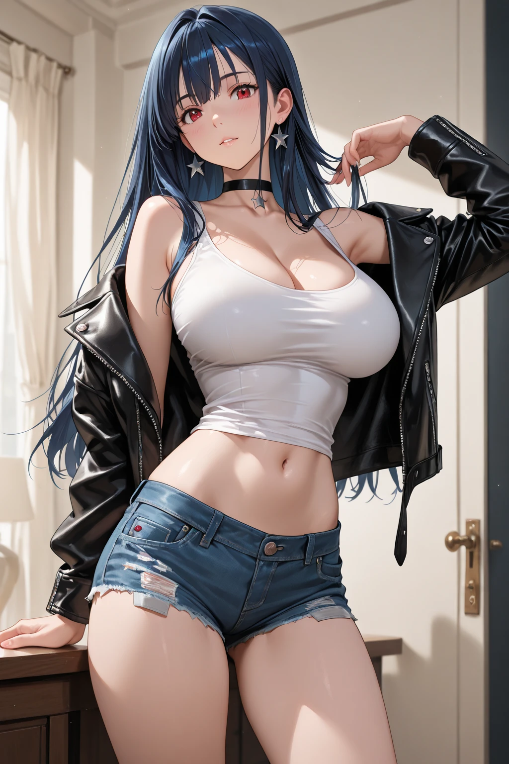 8K, Top Quality, Intricate Details, Ultra Detail, Ultra High Resolution, Masterpiece, close up shot, (full body: 1.1), Slender, Smile, (Makeup: 0.4), ((sexy pose,)), (Fluffy blue Eyes: 1.21), (()), 1girl, solo, 1 girl, ((blue hair, bangs, very long hair, )), close up shot, , ((tall)), (((fit body))), (((slim face))), sharp face, ((wind blow, strong wind, wind blow hair, wind blow jacket )) , (detailed face), sharp face, small lips, perfect hands, (()) ((skin tight suitt,)), , (()),, detailed face, detailed breast,, huge breast , ((detailed nipples)), detail ass, Narrow Waist, Skinny, tall , 175 cm tall, Muscular, Navel, Exposed Abdomen, Pointed Chest,, Beautiful girl with accentuated slender abs: 1.4, Six Pack Abs: 1.4, Bust Botox, Big, Perfect Body, detail leg, (( dark background)), black background,