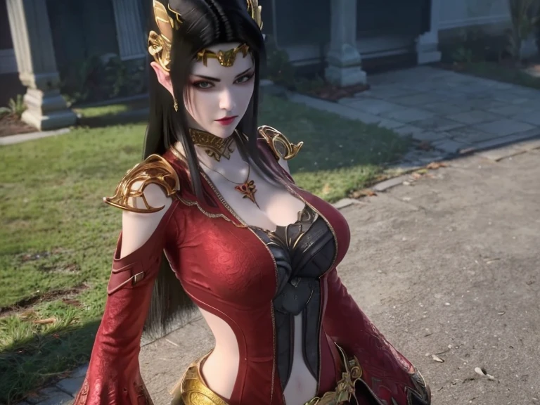 ultra detailed, beautiful, masterpiece, best quality, detailed beautiful round eyes, beautifully detailed face, (big breasts, cleavage, slim waist), dragon queen, darkness dragon, goddess, villain, wicked smile, rocky mountain