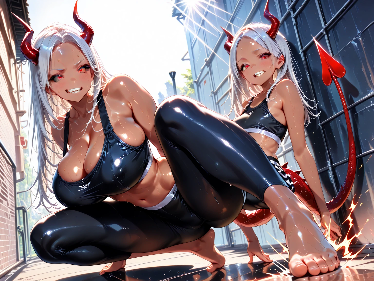 Serious face、(Grin:1.6)、(In 4K)、(High resolution:1.2)、(High freshness)、、(Whole Body Ezbian:1.2)、((short hair:1.2))、(Huge, Vibrant, Fake breasts:1.4)、Deep Valley、(Fight demons、Two brave women with great powers:1.6))、Skin Dance、 (Hard chest:1.6)、(Orange eyes)、((tight competition swimwear:1.6))、(Perfect body:1.8)、Wide Hips, Thick thighs, Huge Ass、Skin dents、(barefoot:1.2)、(Great abs:1.4)、(Tight waist:1.4)、(White Background)、(Dark Skin:1.4)、