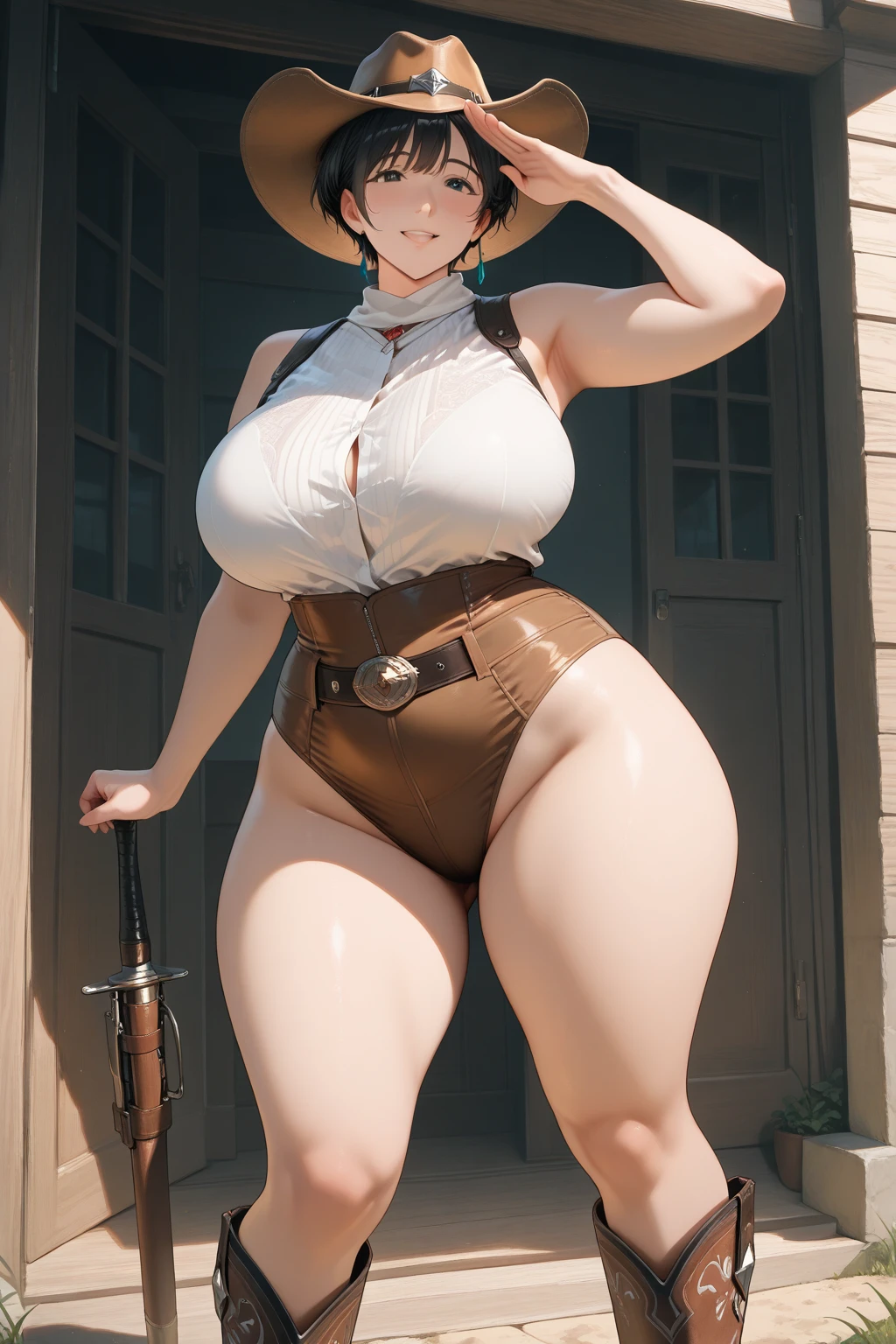 (Masterpiece, best quality, intricate details, 1sologirl) iron collar, arms behind back, iron cuffs, shackles, bound ((standing by wooden pole:1.2)) ((female Black Dark skin Gyaru)) show entire body frontal position, feet in view, realistic, gorgeous 16y.o. darkest skinned mixed race female, black African, barefoot no shoes, looking to viewer straight symmetrical, solo girl looking to the camera, cow bell choker leather collar choker neck bell, metal sandals, black and white bikini (cow pattern) black thigh highs