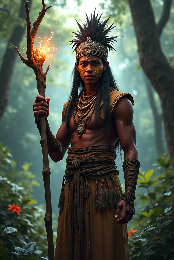 a powerful shaman of the brazilian indigenous mythology, Tupã, the god of thunder, standing in the dense rainforest, wearing an elaborate feathered headdress, surrounded by bolts of lightning, holding a flaming bow and arrow, detailed facial features, dramatic lighting, realistic, cinematic, 8k, high quality, masterpiece