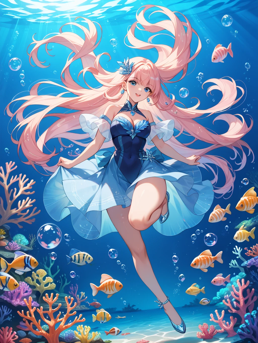 ((masterpiece, ultra high-quality illustration, high resolution, 16k)), beautiful, delicate details, large aquarium, date, many fish, swimming, girl, joyful, watching fish, large bust, slim waist, fair skin, , amazed expression, long hair, tied hair, stylish outfit, modest, elegant, no accessories, lovely smile, cute, game-like CG, anime girl, aquarium ambiance, soft blue lighting, underwater atmosphere, colorful fish, coral reefs, gentle waves, reflections, immersive experience, overfit style