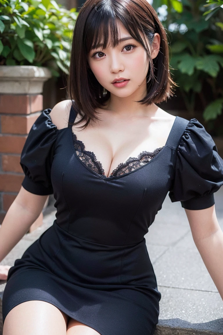 (Masterpiece, BestQuality:1.3), (ultra detailed:1.2), (hyperrealistic:1.3), (RAW photo:1.2),High detail RAW color photo, professional photograph, (Photorealistic:1.4), (realistic:1.4), ,professional lighting, (japanese), beautiful face, (realistic face), cute woman, (Big Breasts:1.5), (cheerful Smile:1.5), Trending Hair&Trending Hairカラーをランダムに, earrings, necklace, bracelet, sexy, erotic sexy, Random sexy gravure poses, (((A sexy beauty in a tight black dress、She is leaning against the bar counter and posing sexy.。Brown short bob。:1.2), Beautiful location, (Detailed Background), Random composition)