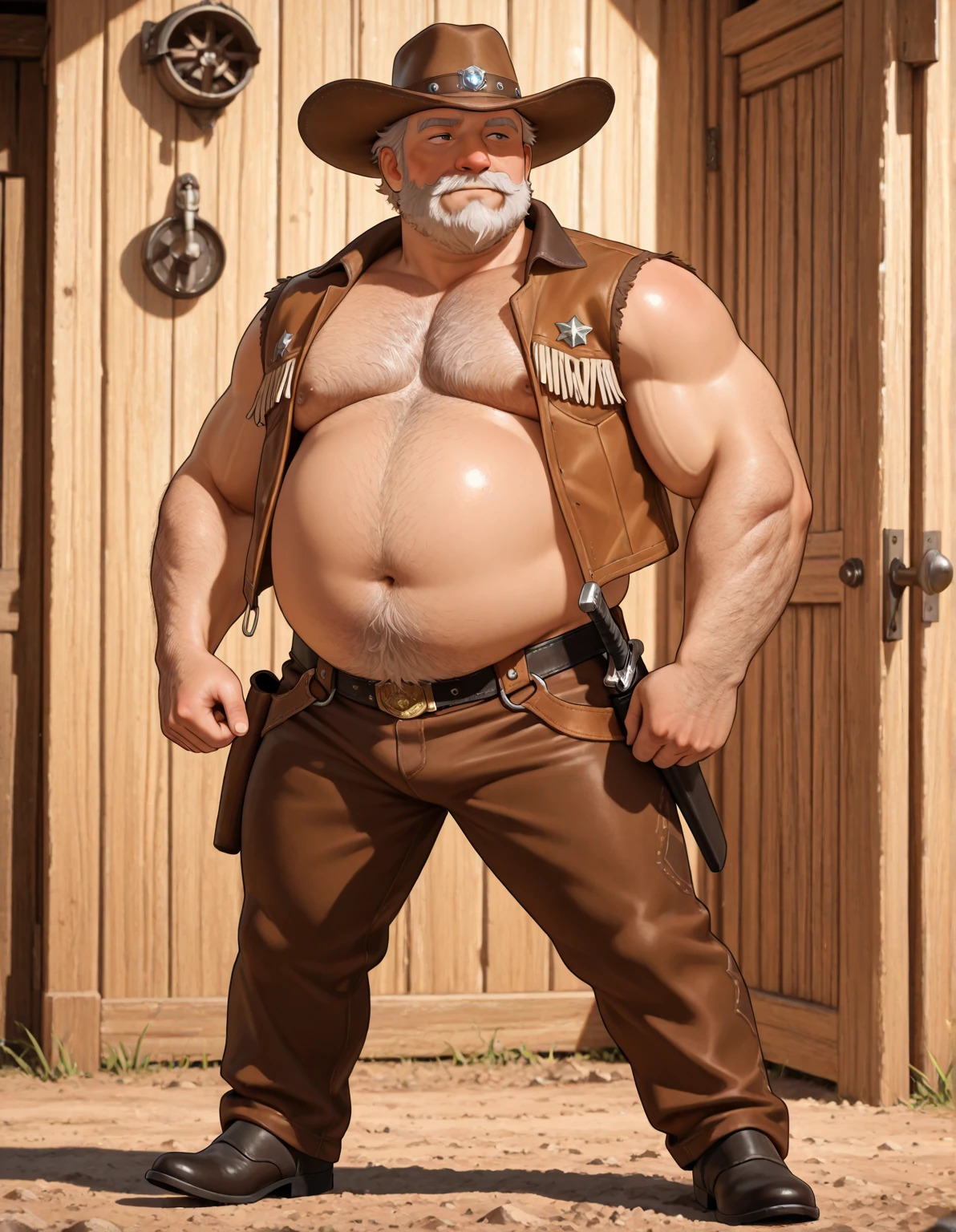 Only plump, chubby, extremely thick thighs, large belly, fat, masutepiece,High quality,Highly detailed,intense scene, solid, Gritty reality setting for 50 year old sexy fat bearded man,full of sweat,Full body,Big belly,((Wearing bathrobe , meias brancas, a white shirt and white trunks)),Stunned face,Open the legs,In the darkness, Varied Camera Angles in Photography. with a black cowboy hat, naked, vintage posing, full body, black bootstraps and lace underwear, various poses, HD 8k high quality, gay, black leather gloves on hands.(from the front), cowboy shot, n as a sheriff of a small town, (wearing sheriff uniform and badge), cattleman hat, bearded, beige vest, serious facial expression, (still from a movie), tense, dramatic, atmospheric, cinematic, (looking away),
(masterpiece), top quality, photorealistic, hyperrealism, absurdres, tack sharp, subsurface scattering, 8k, HDR, 35mm, professional photography, RAW,