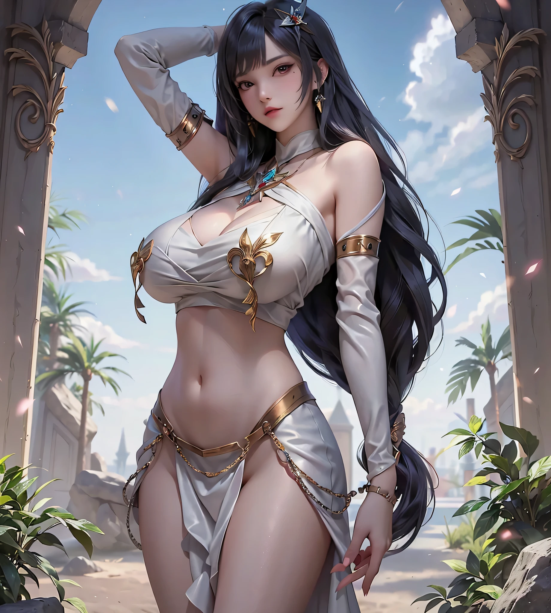 （masterpiece，top quality，Best quality，official art，beautiful and aesthetically pleasing：1.2）,beautiful princess，At the foot of the mountain，mountains in the distance，Correct anatomy，Full length photo，convex，Cute big breasts，open chest，legs separated，plum，Desire for dissatisfaction，only genitalia， camel toes，Sexual gesture,（Long hair and long meat)，gentle face, detailed eyes，Correct anatomy，detailed face, detailed eyes，Holy Rays，gold foil，gold leaf art，deep background，absurdity，fantastic and incredible，Epic composition，(complex parts，hyper detail:1.2)，ultra photorealistic, epic realistic, ((with neutral colors)),(pastel color:1.2), hyperrealistic, + cinematography + dynamic composition, incredibly detailed, sharpen, cinematic, warm light, light effect, dramatic light, (complex parts:1.1), complex background, (Pearl Beaded Bralet Top), ((pearl top)), 