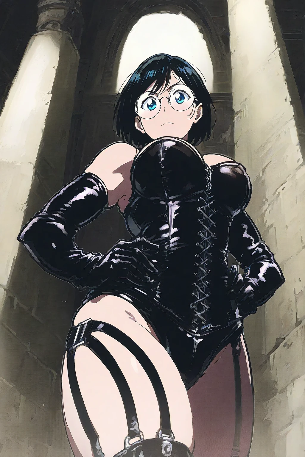 bayonetta_2_shorthair_aiwaifu , (angry, annoyed, screaming, open mouth, blush), (glasses, abs, muscular), (straight back, sitting straight), portrait, short hair, (, ), ((kneeling, sitting)), beautiful woman, earrings, black hair, blue eyes, facing viewer, looking at viewer, soft smile, kneeling, ((close up)), (thin, skinny), medium breasts, ((arms behind back)), knees together, legs together, ((facing forward, straight forward, facing camera, looking at camera, portrait)), ((handcuffs, chain leash, collar, viewer holding leash))