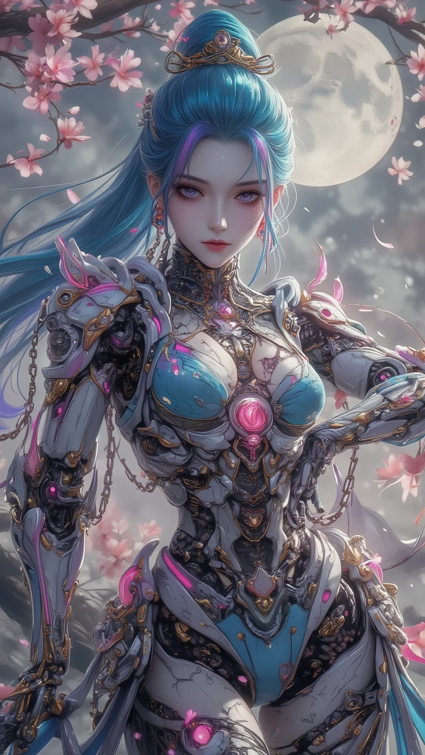 ((Beautiful and cool female torso)), ((Costume with cherry blossom petal motif)), ((Cyberpunk costume with high exposure)), ((Long multicolored hair)), ((Background is another world) )), blue eyes, glitter, artistic, nffsw, retina, masterpiece, accurate, super detailed, high detail, high quality, award winning, highest quality, high definition, 1080p, hard disk, 4K, 8K, 16K