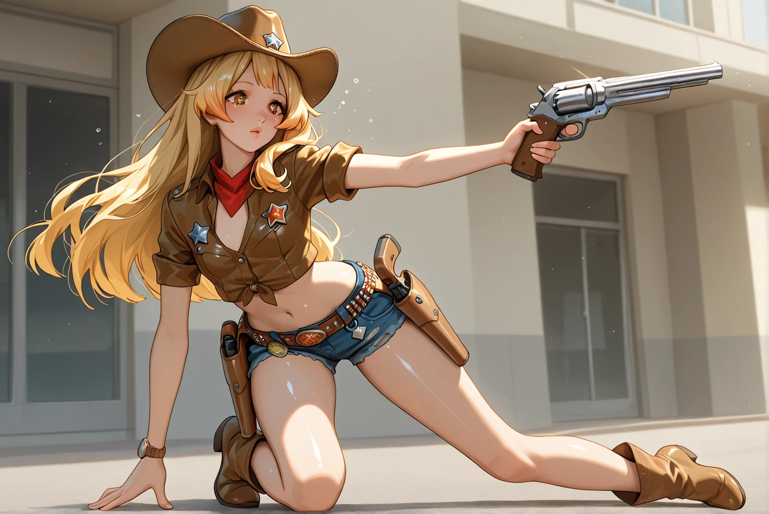 (((Cowgirl Costume))),(((Wear low-waisted denim shorts and short western boots))),(((Wear a western hat))),(((wear a leather belt))),(((He is wearing short sleeves, Plaid, front tie shirt))),(((Wear a gun belt:1.5))),(((Wear a watch on your wrist))),(((Showing cleavage))),(((Bare inner thighs))),(((Bare arms))),(((Her hair is blonde))),Beautiful detailed girl, Very detailed目と顔, 緻密でBeautiful Eyes, Very detailedな, High resolution, Highest quality, masterpiece, Very detailed, 8k wallpaper, wonderful, finely, Highest quality,One girl,(((Basement at night:1.5))),(((Standing in front of a wooden wall))),Beautiful Eyes,((Crying face:1.0)),((Being drunk)),Open your mouth
