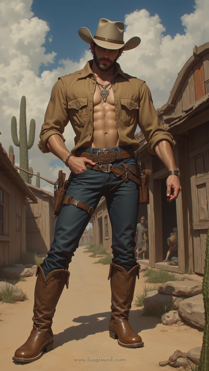 Nsfw , naked solo man ,8k, high quality , detailed face , detailed fingers ,detailed muscles, detailed cock , stephen amell wearing a cowboy outfit  , unbuttoned vintage pants, shirtless, showing balls and a hard cock dripping his cum , , wearing a vintage cowboy fancy hat , a vintage belt with gun ,showing a dark blond short hair , a thick facial hair , hard nipples, ,hunk and handsome, laying on his back in the hay in a stable , haft sleepy  , spread legs , volumetric lighting, Masterpiece detail stable