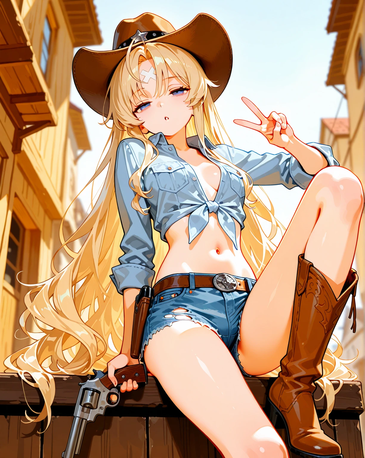 (((top-quality, masterpiece))), (( lot of details), (((depcit very young girl surrounded by ropes))), (((elegant cowgirl))), sexy, blond hair, long hair, straight hair, (((bandage))), (((bound with ropes))), (((arms behind back))), cowboy hat, (wearing leather cowboy clothes), leather revolvers belt, open legs, spread legs, brown eyes, thin , ((small breasts)), ((topless)), nice hips, open shoulders, sassy, (Masterpiece, Excellent, complex details), delicate girl, delicate face, pretty, sunny desert, a western atmosphere, sunset