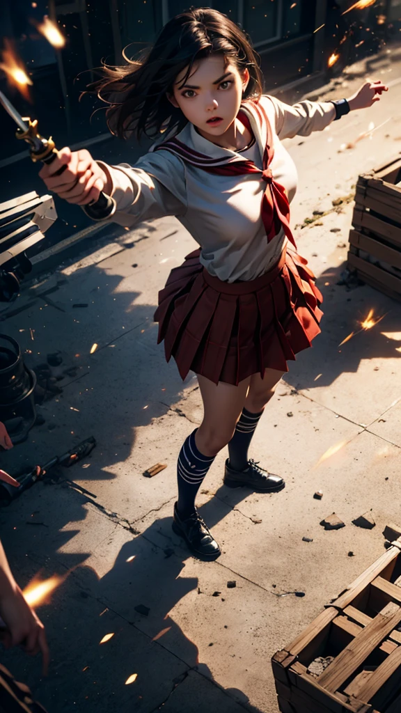 there is a woman in a red shirt and plaid skirt talking on a cell phone, full body shot hyperdetailed, smooth in _ the background, badass pose, in pubg, highly detailed giantess shot, casual pose, full body picture, hyper realistic content, photorealistic content, full body close-up shot, character posing, mechanic punk outfit, red uniform