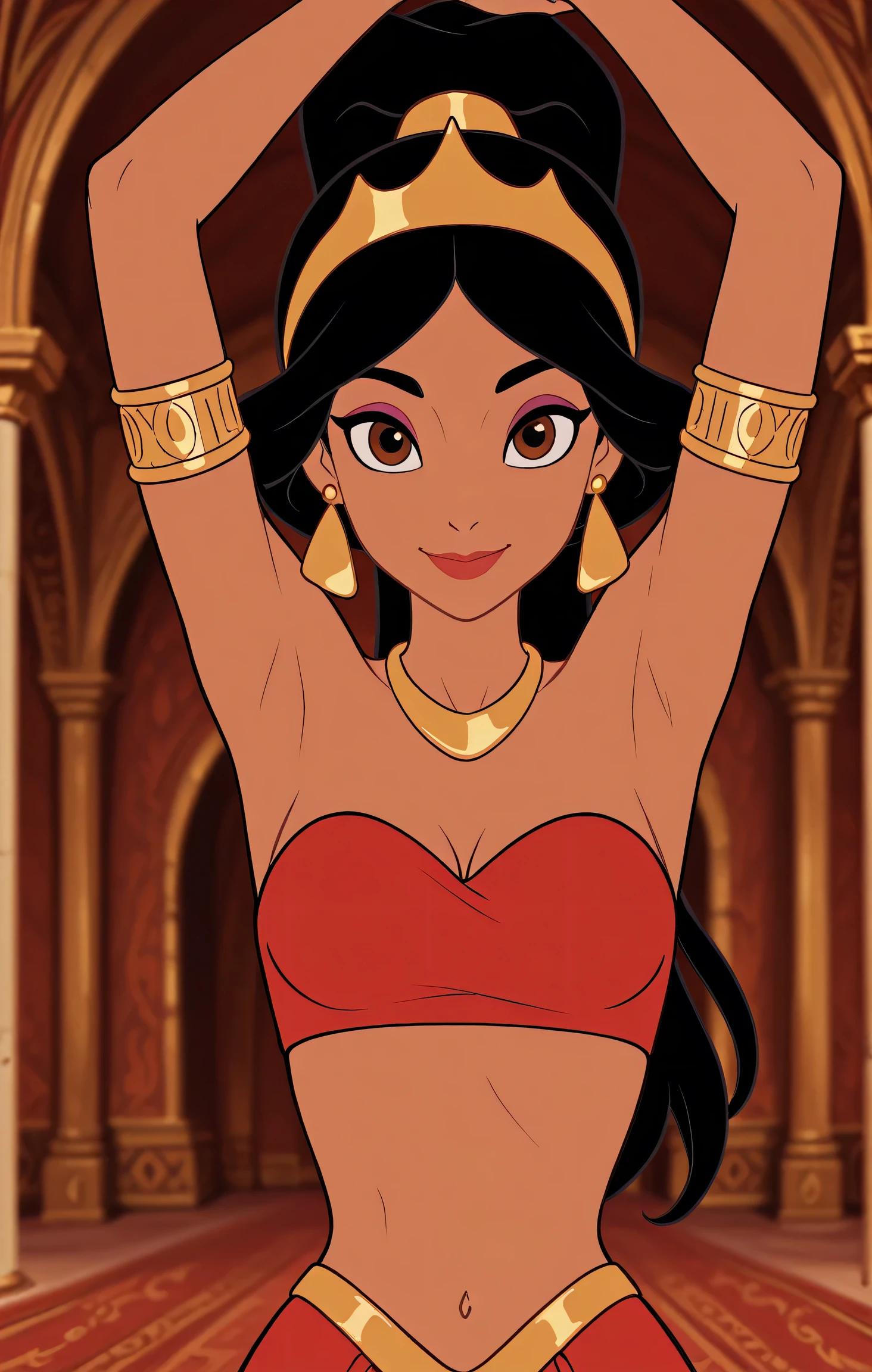 masterpiece, best quality, amazing quality, official style, flat color, blurry background, 1girl, solo, JasmineXL, long hair, black hair, high ponytail, brown eyes, dark skin, makeup, earrings, strapless, armlet, tube top, arabian clothes, crown, arms up, raised arms, armpits, armpits focus, head towards viewer, (looking at viewer:1.1), smile, confident, indoors, palace