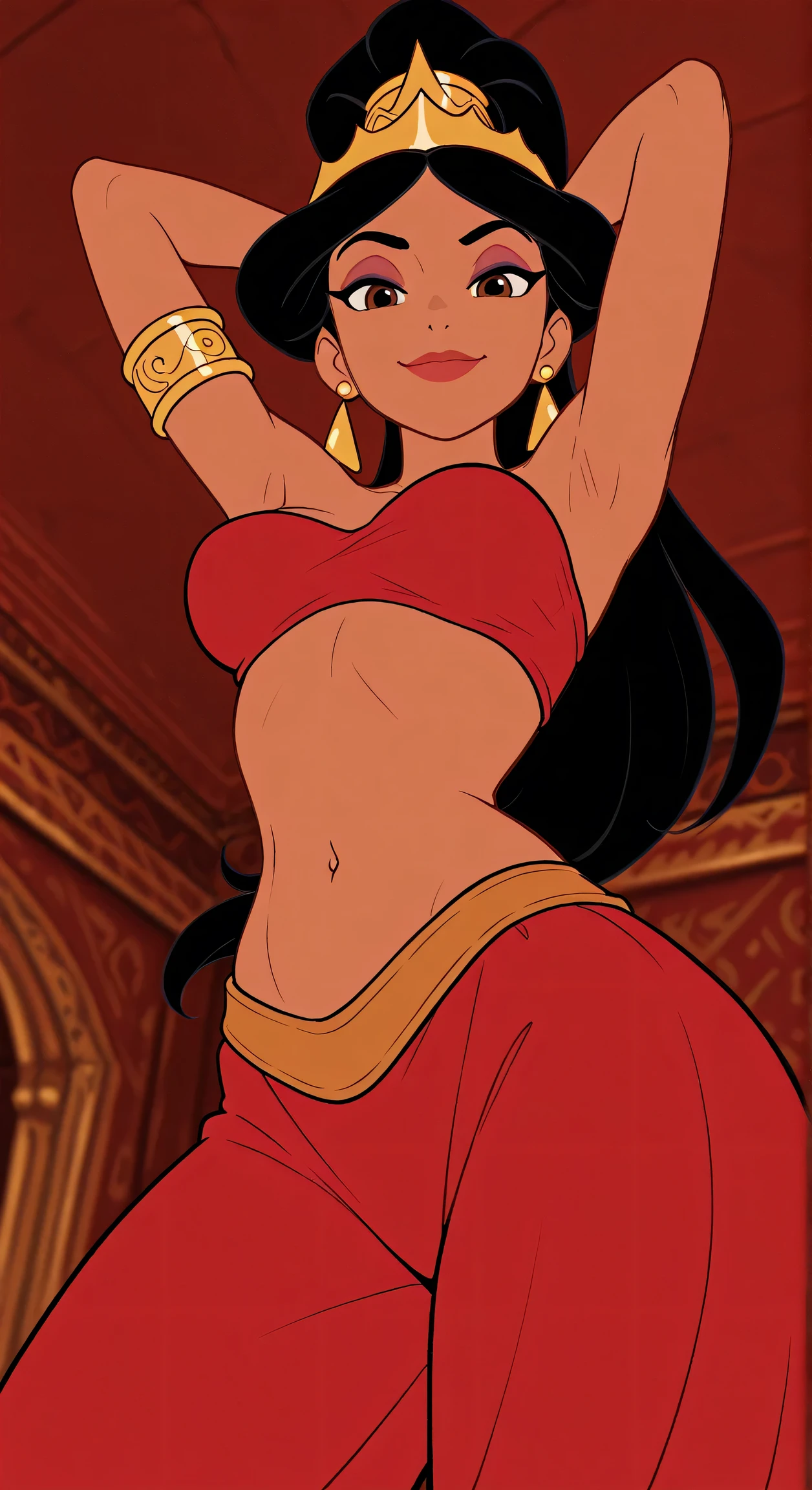 masterpiece, best quality, amazing quality, official style, flat color, blurry background, 1girl, solo, JasmineXL, long hair, black hair, high ponytail, brown eyes, dark skin, makeup, earrings, strapless, armlet, tube top, arabian clothes, crown, arms behind head, armpits, armpits focus, head towards viewer, (looking at viewer:1.1), smile, smug, confident, indoors, palace, red harem pants, from below