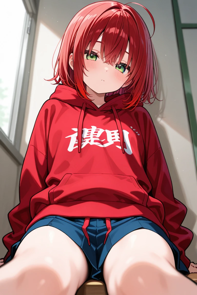 Shikinami Asuka Langley, Girl with a big penis,mini skirt, hoodie, Erect nipples, Small breasts, whole body, Sit at a desk, Hip thrust