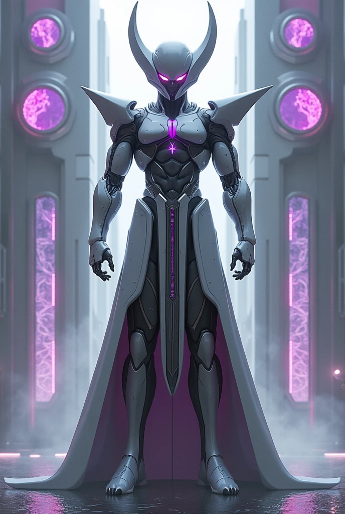 score_9, score_8_up,1 man,humanoid robot.skinny,black cloak,neon trim,glowing trim,white skin, metal body,robot joint,purple scheme,glowing trims,standing,dark purple,close up,faceless robot,white armor,dark fantasy,sharp claws,black cloaks