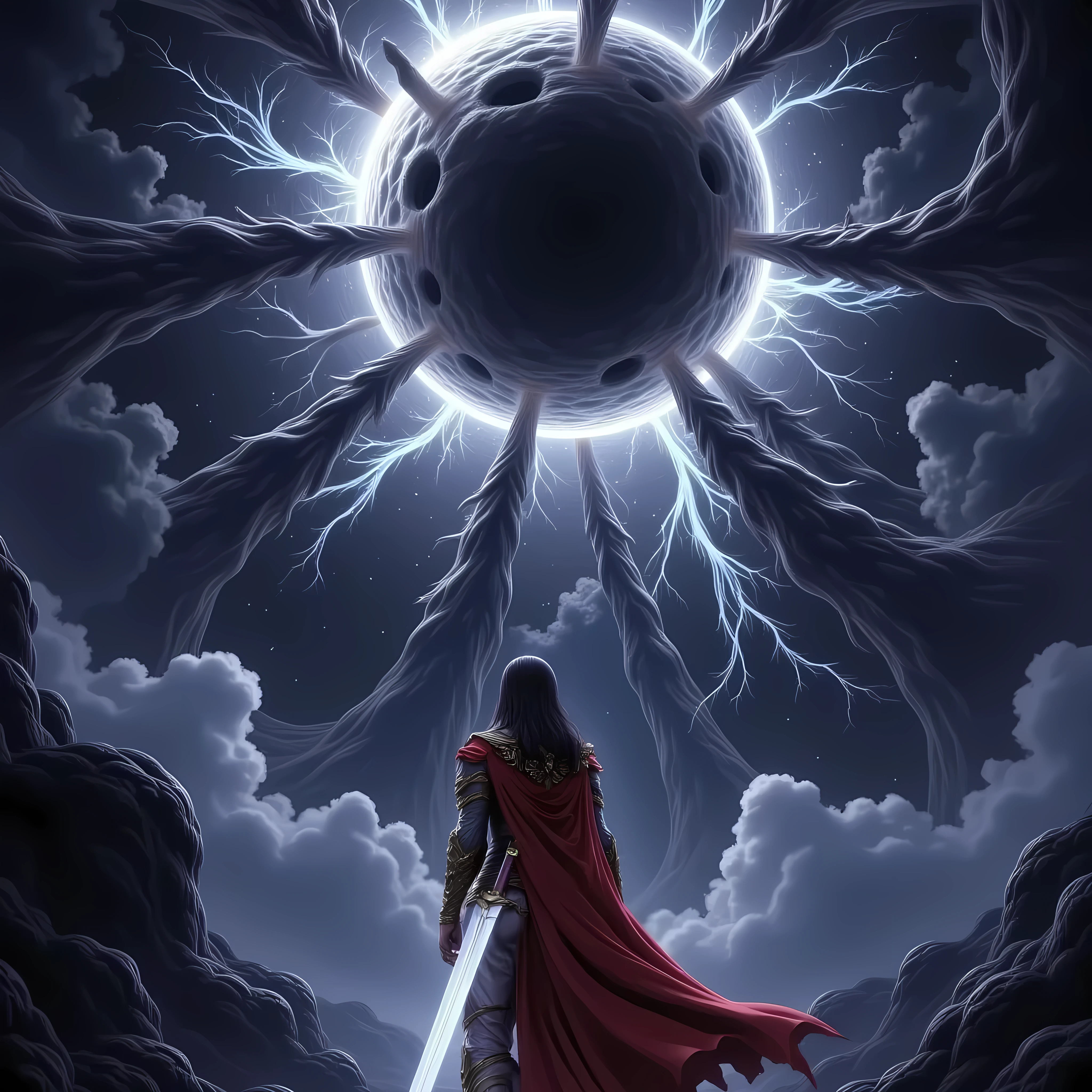 epic fantasy scene, hero with a sword, viewed from behind, standing in front of a massive space distortion, black hole-like rift in the sky, demonic arms emerging from the void, cosmic horror, glowing sword, wind blowing cloak, epic lighting, dark atmosphere, space-time rupture, stars warping, celestial tension, high-detail, masterpiece, cinematic composition, dramatic lighting