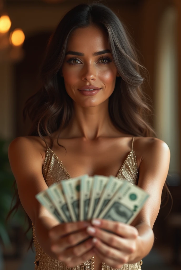 A women make a bull with coins