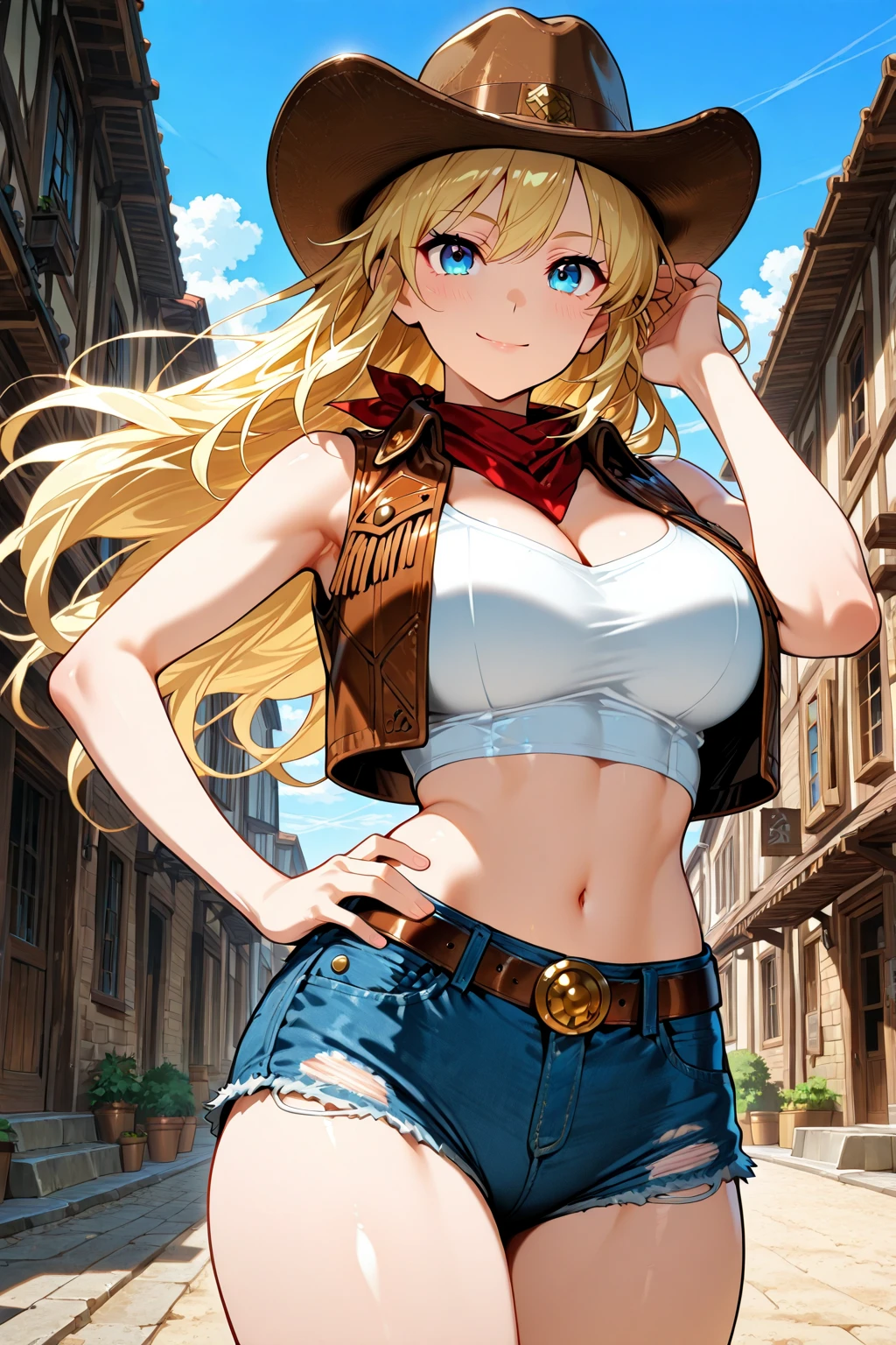SCORE_9, SCORE_8_UP, SCORE_7_UP, SCORE_6_UP, SCORE_5_UP, SCORE_4_UP, tina armstrong, (2d anime art style), blonde hair, short hair, cowboy hat, casual outfit, croptop, guns on hip, gun belt, midriff, jogging hotpants, cleavage, curvy, armpit, wide hip, huge breasts, navel, (mature female, milf), thick thigs, feminine run, 1girl, [ 4 k digital art ]!!, best anime 4k konachan wallpaper, old wild west city, day, outdoor, absurdres, (ultra detail:1.2), (shiny Skin:1.1), (masterpiece:1.2), (best quality:1.2),
