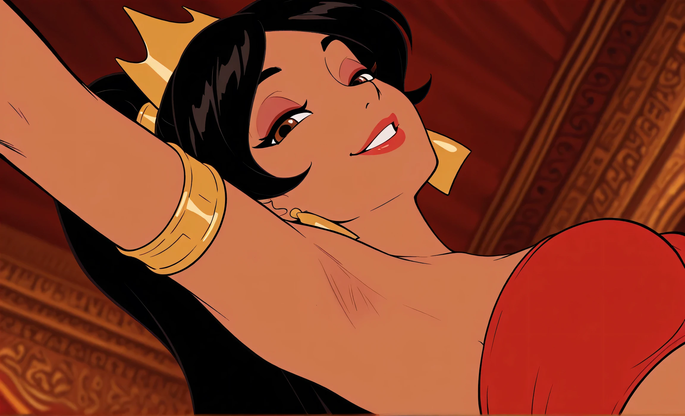 cartoon, <lora:flmharemdancers:0.7>, 3girls, harem_dancers, red harem_outfit, jewelry, bracelets, seductive, dancing, black eyes, transparent skirt, high ponytail, hires, funky dreamy background, absurdres, masterpiece, best quality, large breasts, cleavage, insanely detailed face, cushions