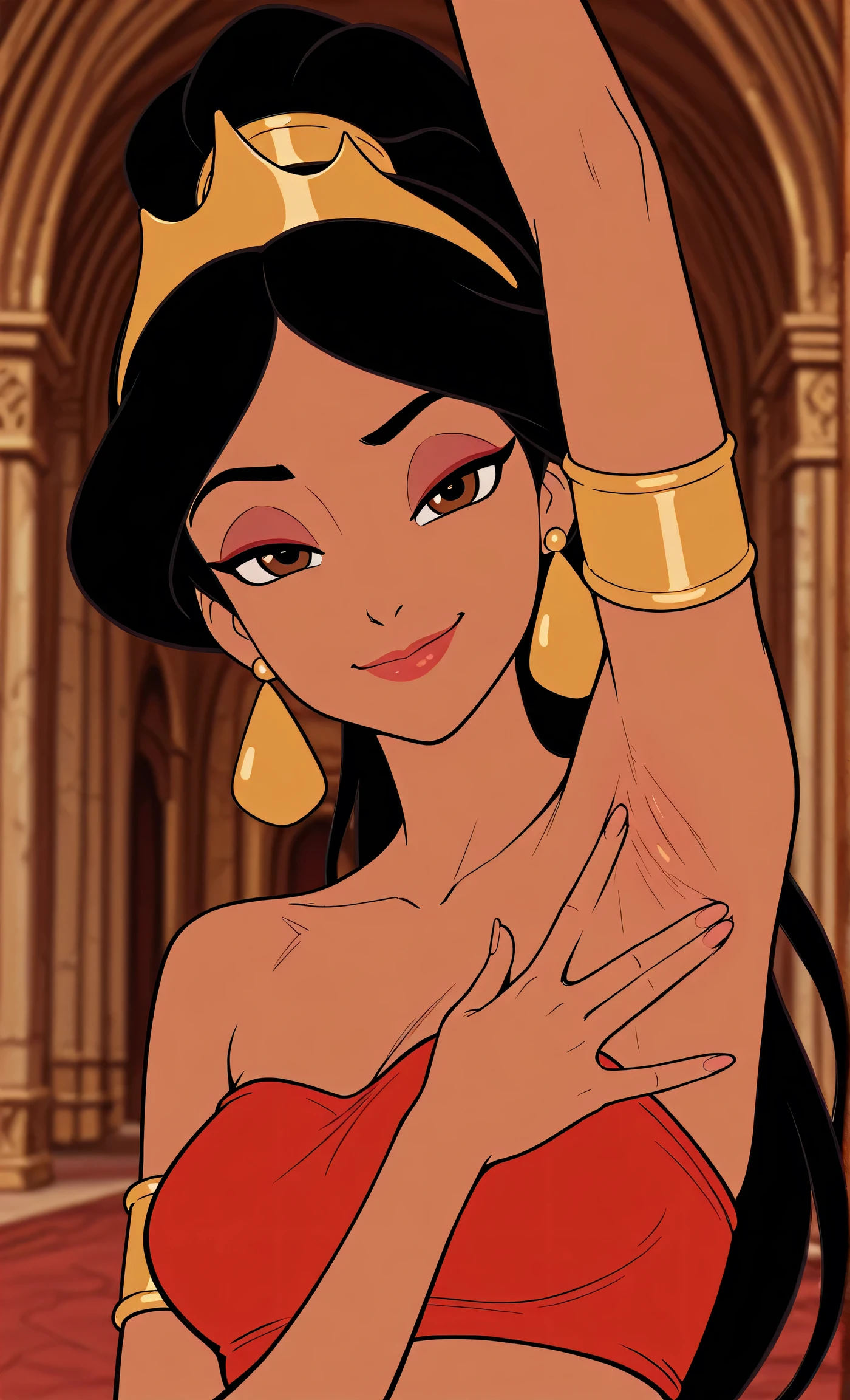 masterpiece, best quality, amazing quality, official style, flat color, blurry background, 1girl, solo, JasmineXL, long hair, black hair, high ponytail, brown eyes, dark skin, makeup, earrings, strapless, armlet, tube top, arabian clothes, crown, arm up, raised arm, armpit, armpit focus, head towards viewer, (looking at viewer:1.1), smile, smug, closed mouth, half-closed eyes, confident, indoors, palace, spread armpit