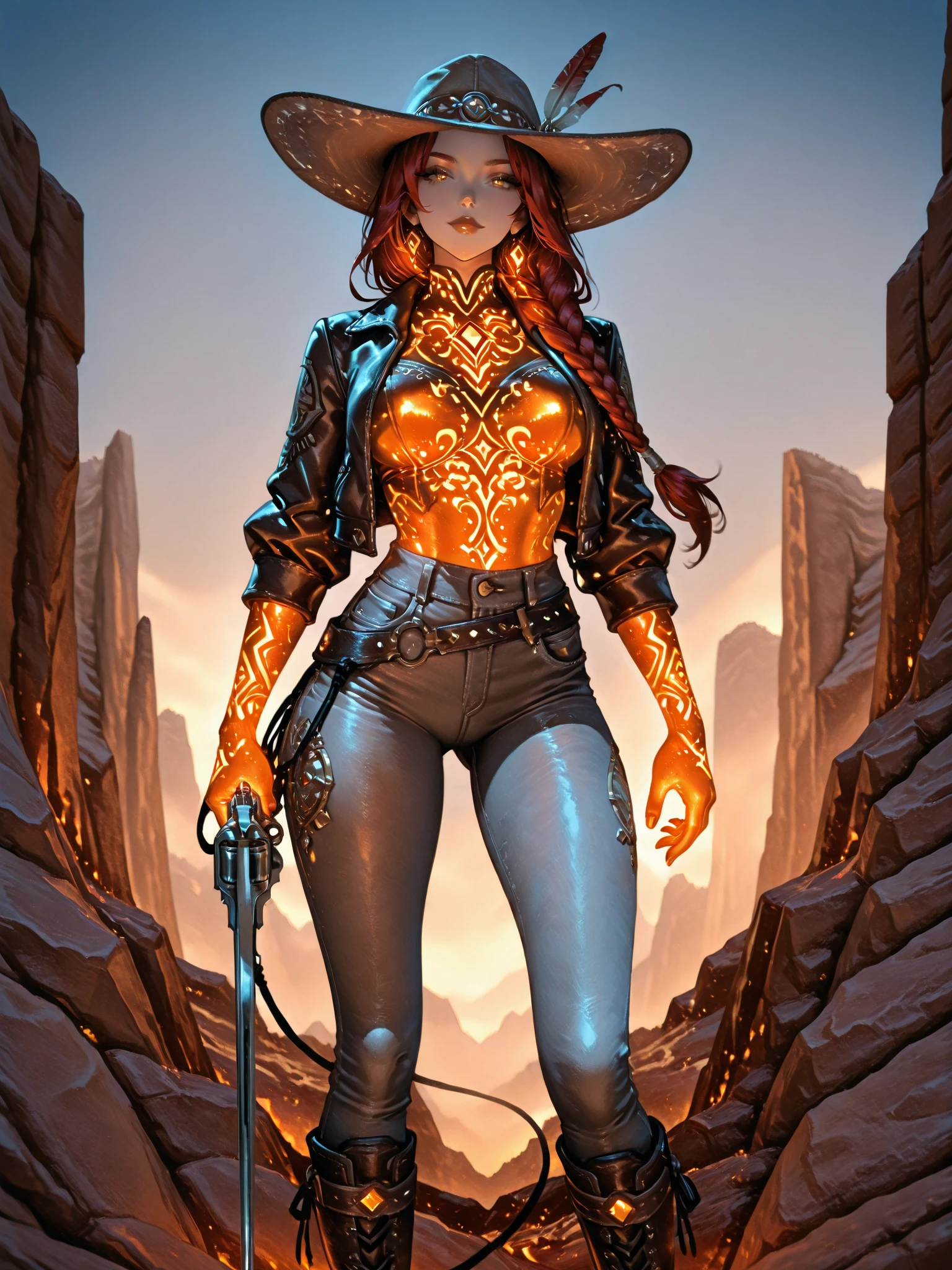 an attractive woman [gunslinger:bounty hunter:0.4] standing in a fantasy wilderness (prismahills style:1) <lora:djzPrismaHills_LB2:0.8>