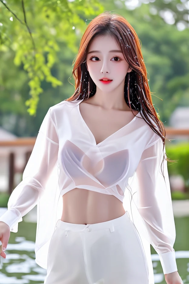 absurd, RAW photos, very delicate and beautiful, masterpiece, best quality, ultra high resolution, 16,000, surrealist, very detailed, complete anatomy, very detailed skin, perfect look, very detailed CG 8k 벽지, In my 20s, very slim body, small waist, very small head, very small face, delicate facial features, mole shedding tears, earring, thin legs, (very big and round breasts), ((full body shot)), Short hair, (wavy hair), light brown hair, (((2 women))), ((white shirt)), (((white shirt))), (((standing posture))