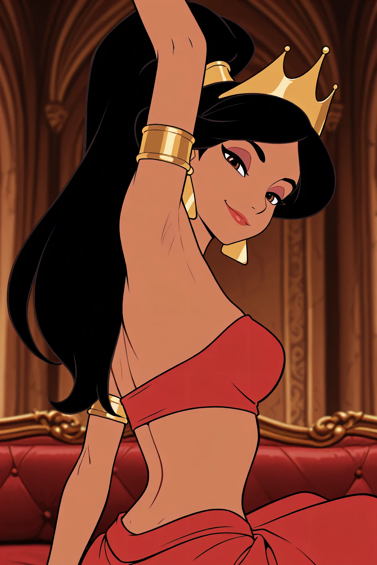 masterpiece, best quality, amazing quality, official style, flat color, blurry background, 1girl, solo, JasmineXL, long hair, black hair, high ponytail, brown eyes, dark skin, makeup, earrings, strapless, armlet, tube top, arabian clothes, crown, arm up, raised arm, armpit, armpit focus, head towards viewer, (looking at viewer:1.1), smile, smug, closed mouth, half-closed eyes, confident, indoors, palace, from side, from behind, sitting on a sofa, red harem pants