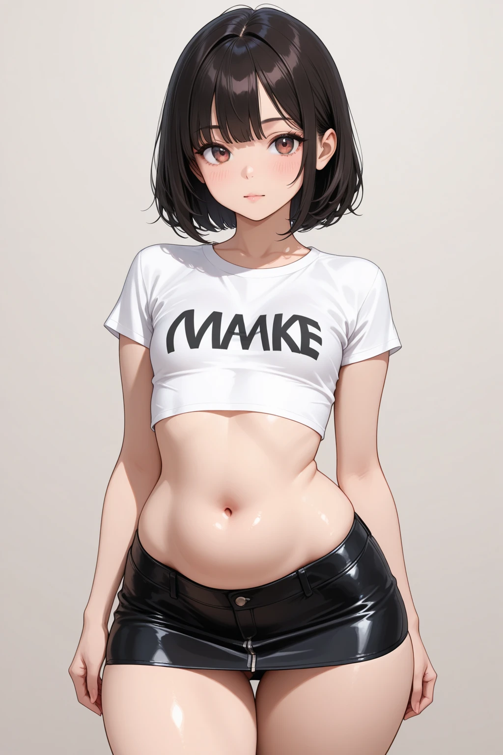 a cute young catgirl with a baby face and very slim figure, wearing a short denim skirt, micro shorts, crop top, and see-through top, showing nipples, striking a cool pose for a photo, with a shy smile, in a graffiti art background, hyperrealistic, 4k, flat chest, thick eyebrows, blunt bangs, brown eyes, freckles, adult
