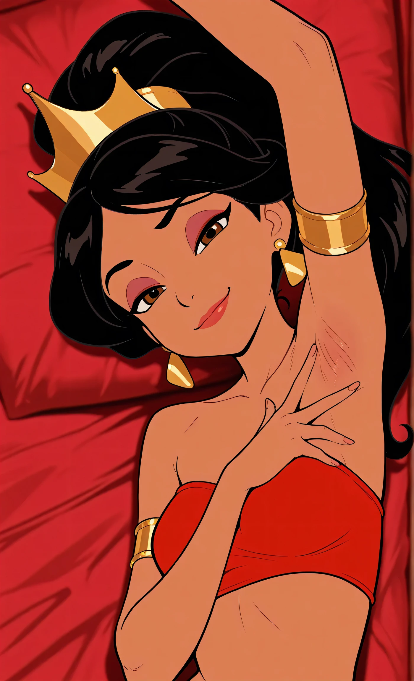Sexy woman, black hair in a bun, long forehead, seductive eyes, medium nose, perfect pink lips seductively parted, deep blush, flustered, beautiful long neck, collarbone, medium chest, long red floral dress, looking at us with lust and love, blushing intensely, smiling at us, looking tantalizingly sexy