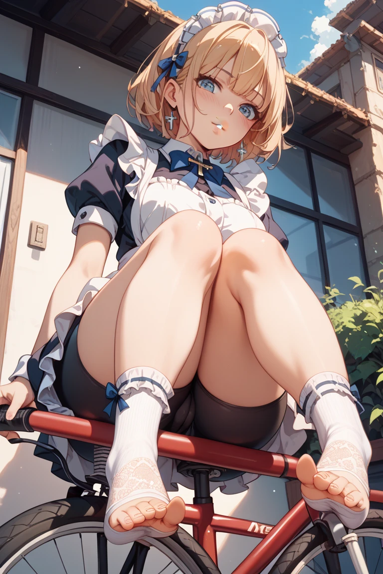 1girl, solo, multiple colored hairs, maid, black cat tail, smile, black thighhigh, leaning forward, charm posing, background,  upskirt, (view from below), presenting, very young girl, 9 years old, little, petitte, elegant young girl, blonde hair, ponytail, crotch focus, (extreme close-up), ((pov facesitting)), detailed background, outdoors, white panties, cameltoe, view from front,