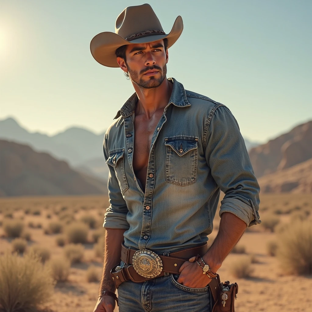 man, cowboy, long hair, abs, desert.
