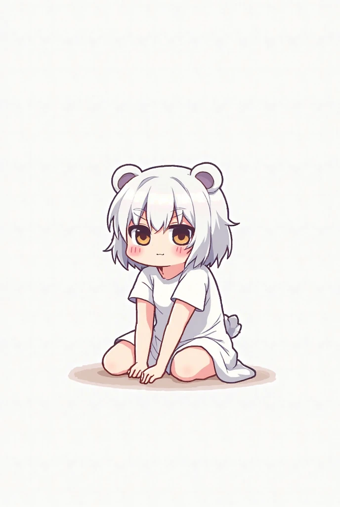 1girl with short grey hair, black eyes, slender body, medium breasts, grey natural mouse ears, natural mouse tail, blush, embarrassed, , ((((grey bra))), short shorts, chibi style, simple background