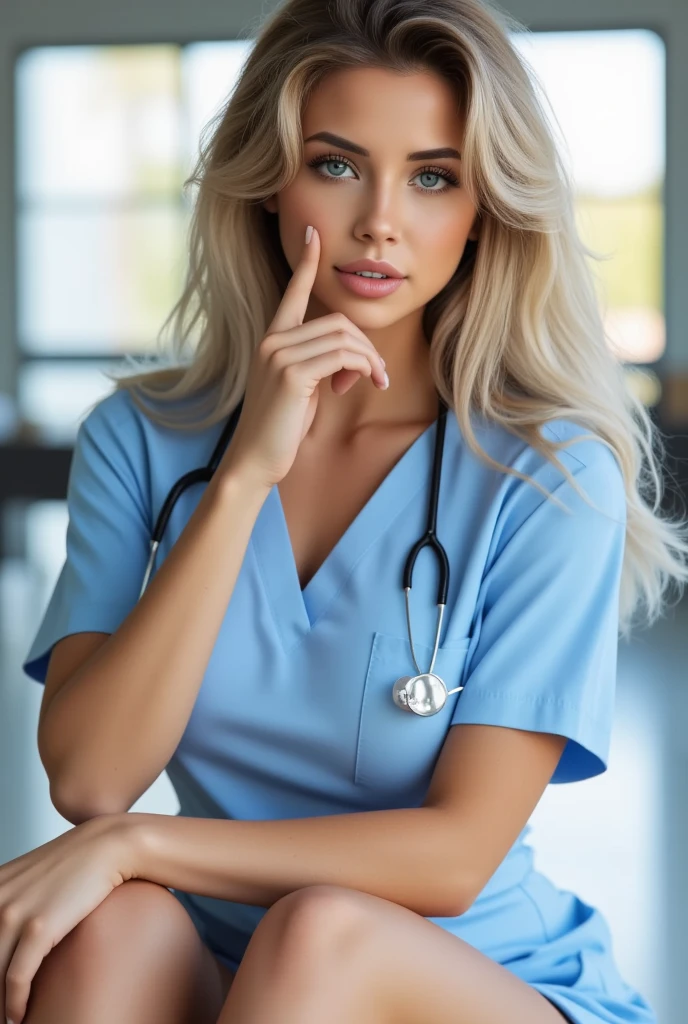 ((Best resolution)), ((high quality:1.2)), Work of art, 8k, extremely detailed, ((High detail:1.2)), (HotLexi woman), Solo, 24 year old italian blonde female, (nurse), (beautiful perfect face:1.23),