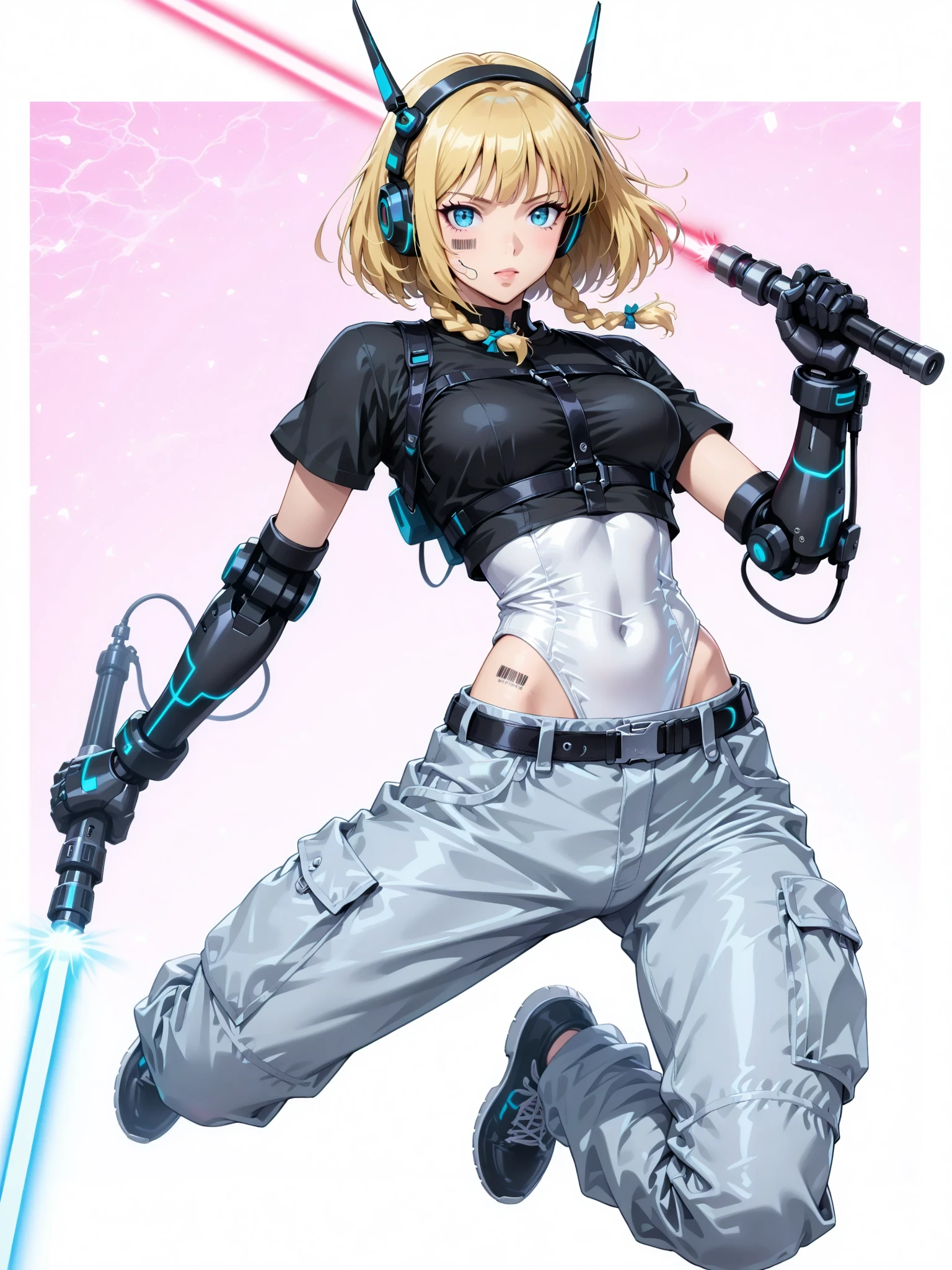 a close up of a person with a sword and a shirt, kda, commission for high res, oc commission, anime styled 3d, demon slayer rui fanart, valkyrie style character, holy cyborg necromancer girl, shepard fairy style art, clothed in cyber armour, cyborg merchant girl, digital cyberpunk anime art, overwatch inspired, cyberpunk anime girl