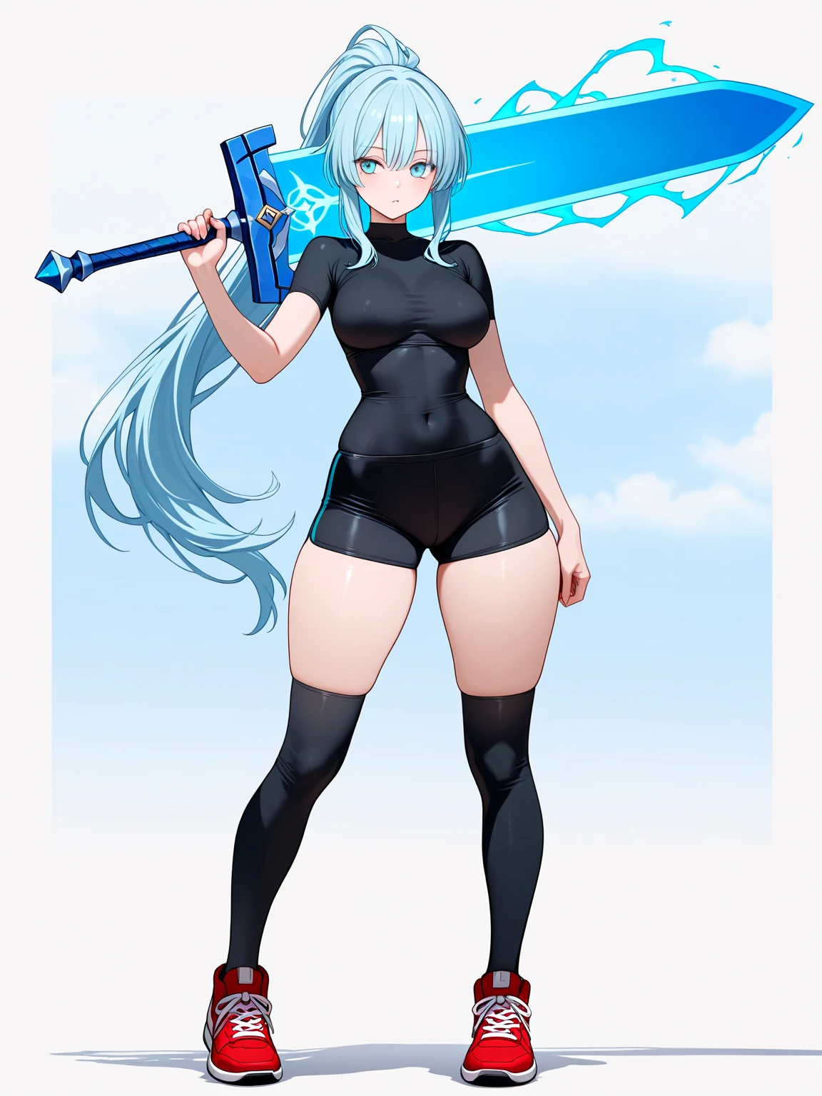 1 skinny girl, solo, light blue hair, red and purple heterochromia, bending back, looking at viewer, BREAK, black plunging neckline short dress, dark yellow cropped jacket, black thighhighs, BREAK, (bouncing unaligned huge breasts:1.2), cleavage, very short torso, (inconceivably narrow waist), thin long legs, BREAK , holding a spear, BREAK, nsfw, crotch