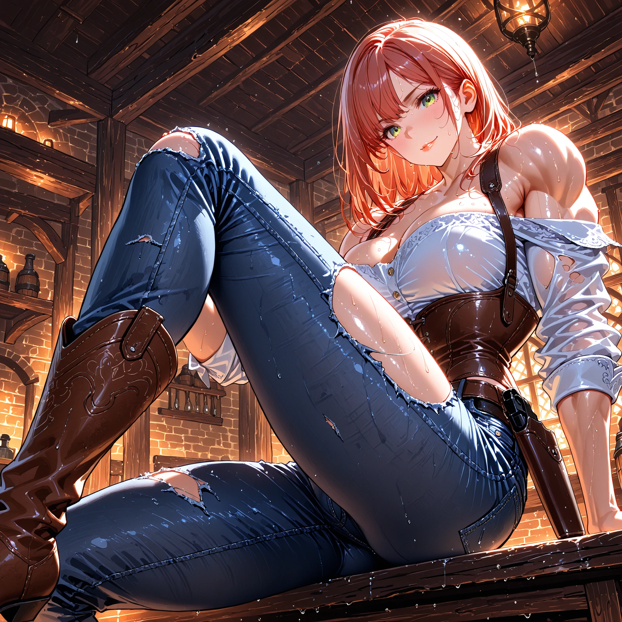 (((((only one woman in the image))))), (skindentation:1.5), realistic, photorealistic, (masterpiece:1.5), concept art, intricate details, highly detailed, octane rendering, 8k, unrealistic engine, dynamic pose, best quality, high resolution, ((dramatic)), epic, depth of field, 8k, particles, (realistic face:1.1, hyperrealistic:1.1), ((1girl, close-up, medium breasts, perfect eyes, detailed eyes, high quality eyes, perfect face, high quality face,  bright skin:1.2, bright face:1.2, embarrassed, blush:0.8, green eyes)), server, rustic interior of tavern in the background, jug, sign, jovial fantasy atmosphere, candlelight, detailed background, blurry wooden bar table as foreground, (((woman, red hair, perfect hands))), ((Tavern Owner, extremely intricate robe, leather clothing, leather belt, boots,  padded cloth, gloves, bracelets))