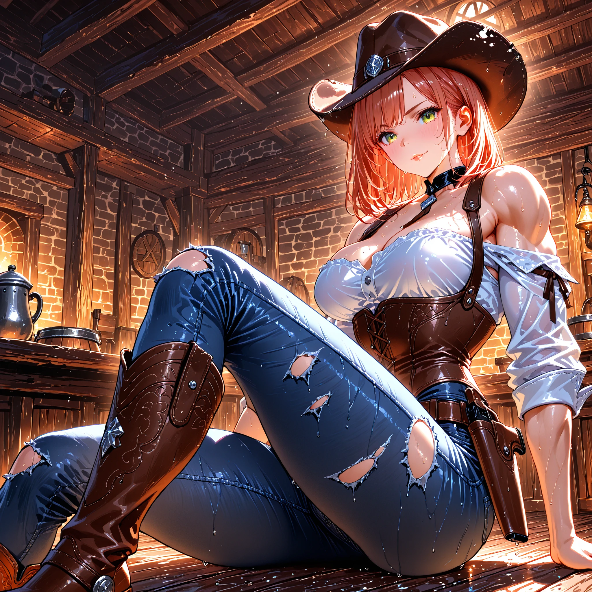 8k, masterpiece, best quality, realistic, higly detailed, cowboy shot, 1girl, solo, Yotsuba Nakano, fair-skin, teenage girl, short straight hair that stops just around neck, light-orange hair, bunny ear-shaped ribbon, dark blue eyes, average height, well-endowed figure, large breasts, Assassin's Creed