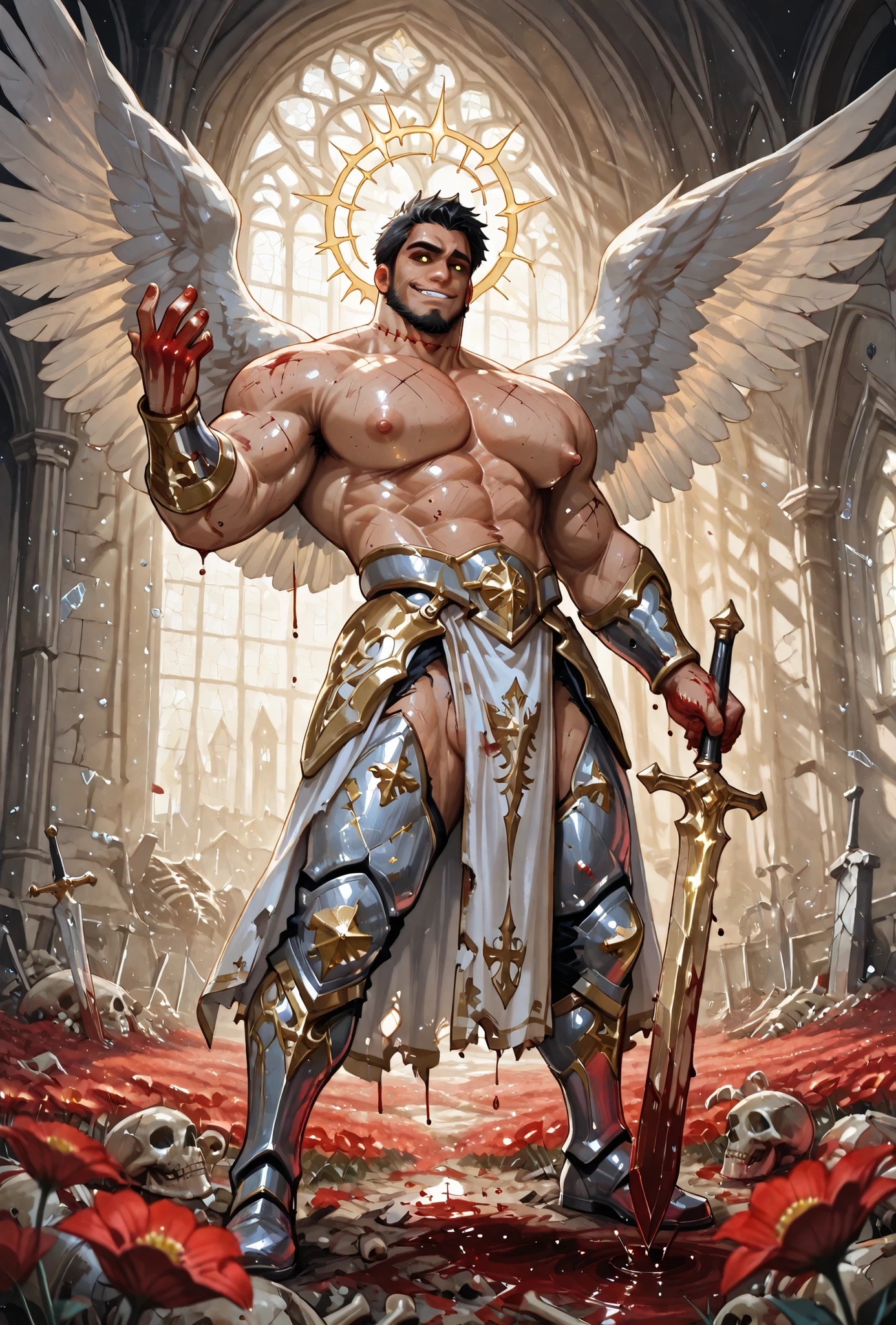 Traditional media, 1boy, muscular, bara, puffy nipples, yellow eyes, black sclera, black hair, short hair, chinstrap beard, mature male, manly, stitched neck, stitched arm, glowing halo, ornate gothic angel armor, angel wings, blood on hands, ripped torn white pelvic curtain with gold trim, armpit hair peek, evil smirk, holding ornate sword, blood on weapon, floating, levitation, bracer, hip armor, greaves, broken armor, battle damage, blood splatter, yandere, come hither, dripping blood, hand up,
BREAK
indoors, destroyed dilapidated church, groken glass, floating glass shard, refraction, red flower, flower field, stained glass, sunlight, light rays, pile of bones, volumetric fog,
BREAK
dynamic pose, dramatic lighting, depth of field, blurry foreground, bloom, subsurface scattering, backlighting, horror \(theme\), high contrast, no lineart, very awa, masterpiece, best quality, absurdres, newest, perfect quality, detailed background, intricate details