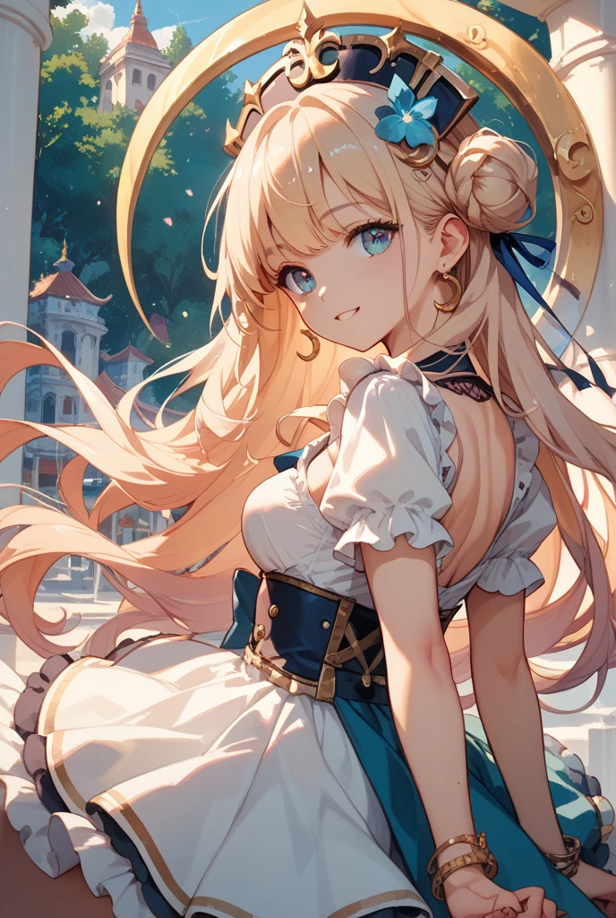 masterpiece、Highest quality、Ultra-detailed、Beautiful lighting、[[Thin fingers and hands:0.55]::0.85],(finger details)、bionde、White Dress、noble、palace、[[White Dress:2]]、(Dense curl roll)