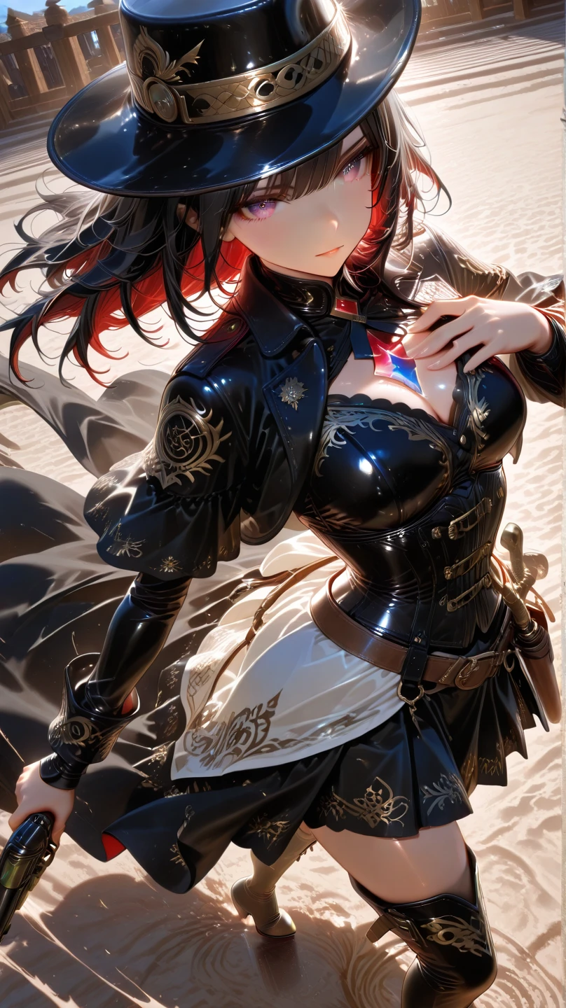 close up, The world of dreams, Imperial sister, short black curly hair，medieval messenger hat，Hat with feathers,  Redlip, camisole leather top, short crop top, humanoid creature, medieval town, Her skin is very white, White complexion, Orange eyes, disheveled black hair, obi strip,bag over the waist, Barefoot,Two black stockings leg tattoo,