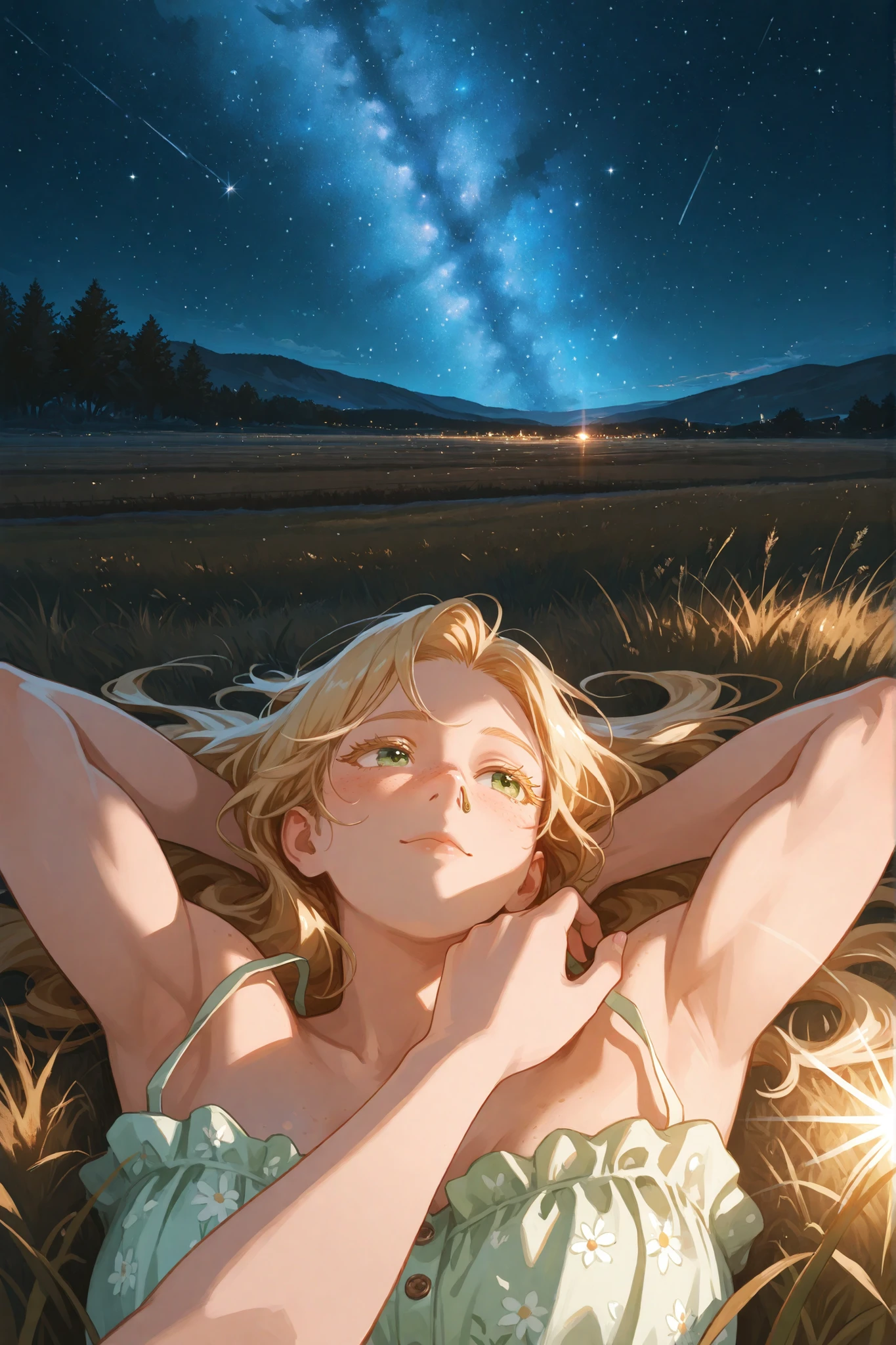 anime Illustration of a naked anime woman with blonde hair sleeping alone in an endless flower fields at night, exposed private parts, limp.