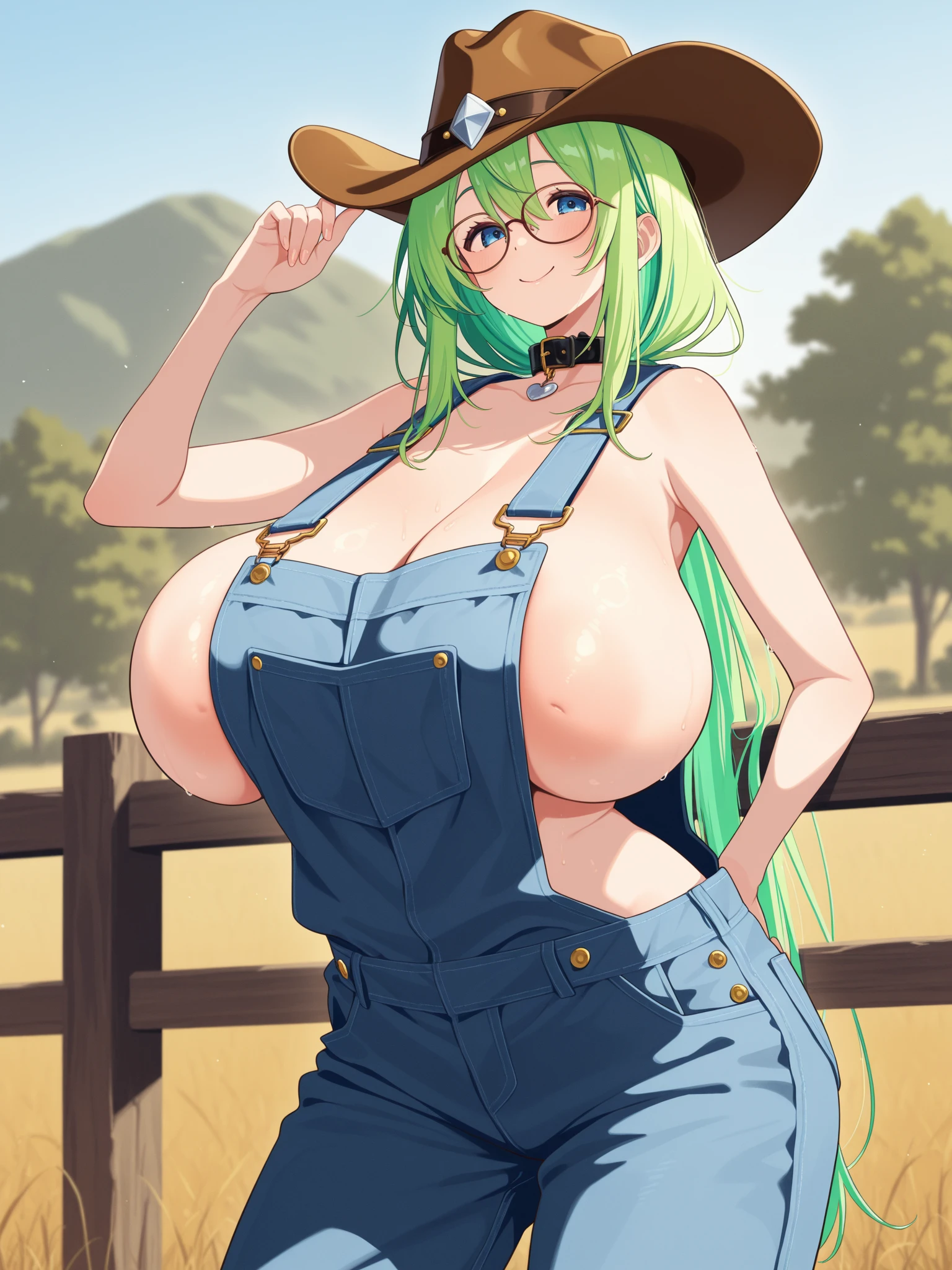 1girl, cow print, gloves, blue hair, hat, fingerless gloves, navel, animal print, thighhighs, gigantic breasts, yellow eyes, short shorts, long hair, smile, twintails, belt, low twintails, open mouth, cleavage, midriff, cowboy hat, brown headwear, vest, solo, looking at viewer, farm, outdoors, wide hips, bell, brown gloves, white shirt, arm up, :d, sleeveless, tied shirt, underboob, <lora:Shuz-10:0.6>