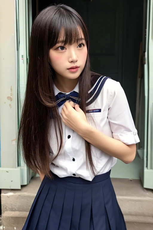 ((Light brown hair)), ((Gal)), ((Breast enlargement)), (masterpiece, Highest quality:1.2), 8k, Young and beautiful girl, 85mm,Official AR RAW Photos, (Baby Face), ((Small face)), (((Super big breasts))), Detailed nipples, Show me your ears、photo shoot, Cute Face, Thighs, Classroom after school, Looking at the audience, (M-shaped legs), Embarrassing、smile、Natural Makeup, Film Grain, chromatic aberration, Sharp focus, Face Light, Bright lighting, 10 generations, Detailed face, Background blur、((((((14 year old high school girl))))))、Narrow waist, ((Schoolgirl uniform, Checkered pleated mini skirt)), (White tiny panties), sit with your legs open, Sexy pose, Seductive look