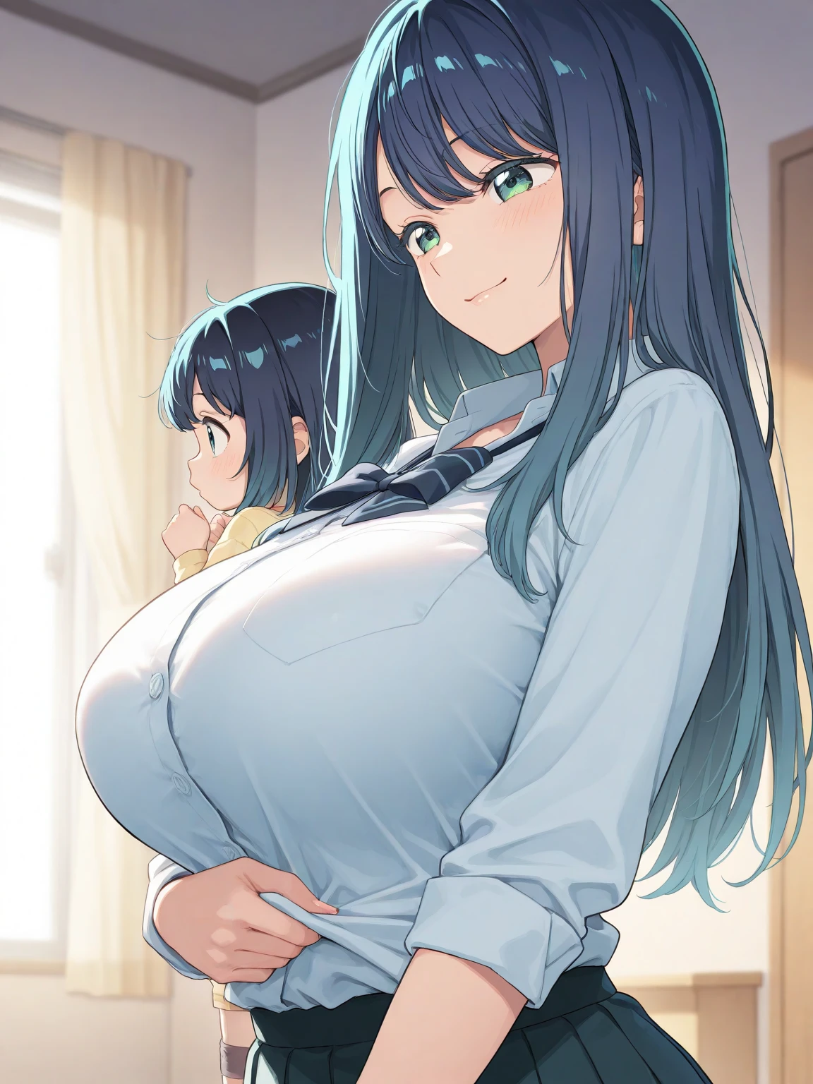 score_9, score_8_up, score_7_up, score_6_up, score_5_up, score_4_up, (source_anime), 2girls,Kobayashi-san Chi no Maid Dragon, (Kanna Kamui, horns, short hair, ??? , small breasts, {sucking breasts}), (lucoa, long hair, massive breasts, Inverted nipples,), yuri, age difference, giant size difference, breast sucking, far, full body, breast milk, Horn