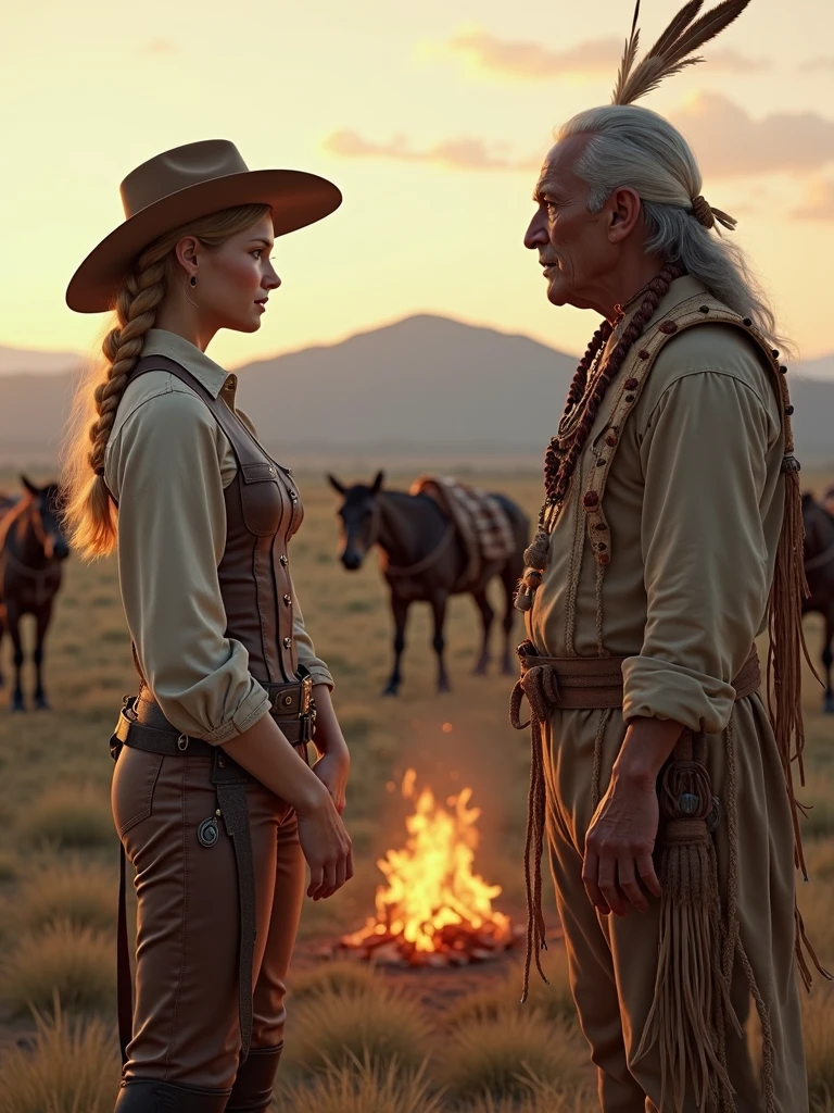 full body realism, a woman with long white hair wearing black leather pants and a plaid shirt is standing next to a gun holster in front of a wild west landscape at sunset