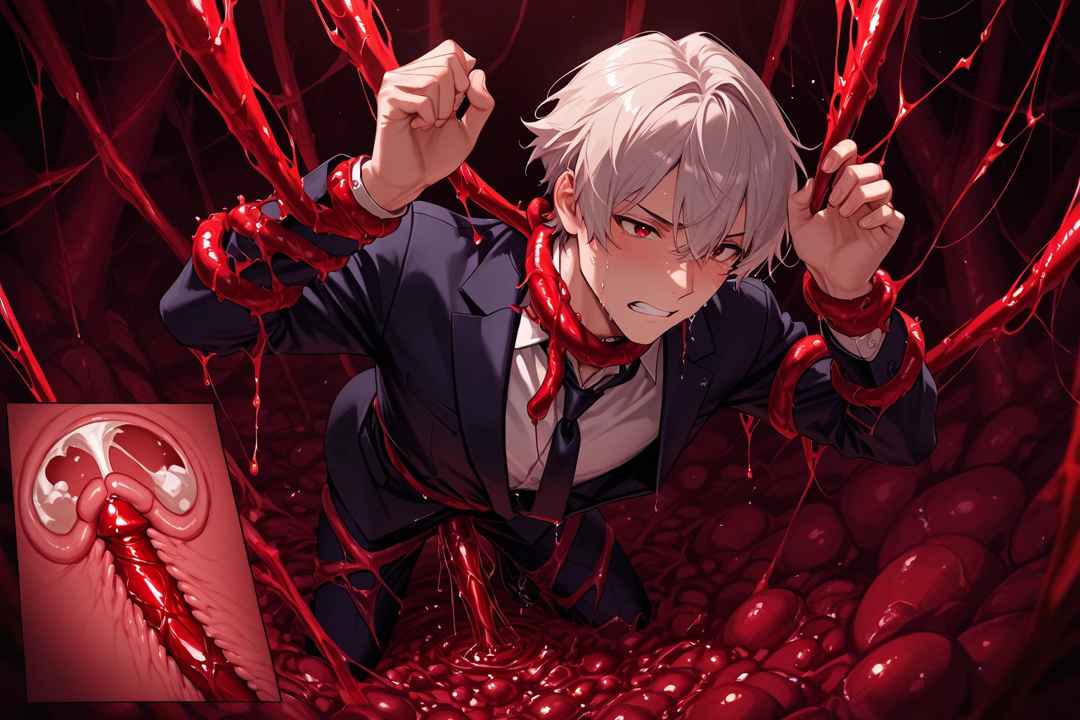 Man on ground, blood face, shocked, smokes,